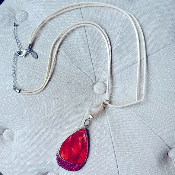 Chico's Jewelry - CHICOS Red and Silver Tone Necklace, marked Chicos, Pendant, leather cha…